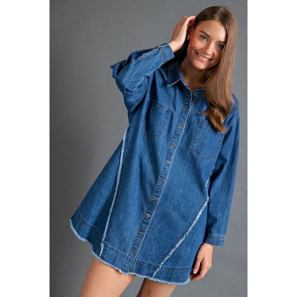 easel Dresses Easel Dk Denim Stone Washed Collared Neckline Button
